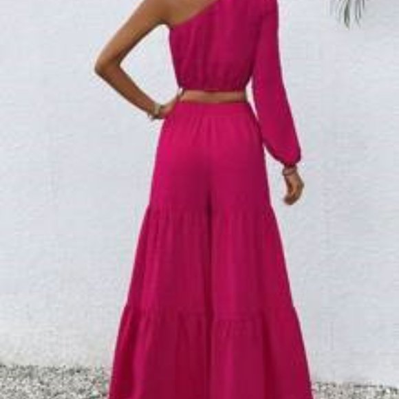 NEW SHEIN Essnce One Shoulder Lantern Sleeve Crop Blouse Ruffle Hem Pant… - Picture 2 of 3